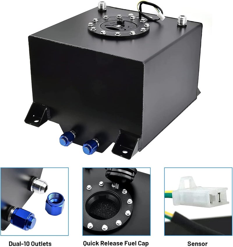 BOMLING 5 Gallon Fuel Cell 20L Universal Gas Tank Aluminum Polished Racing Drift Fuel Tank with Level Sender & 6AN 12FT Fuel Line Kit, Quick Release Fuel Cap, Black - Image 4